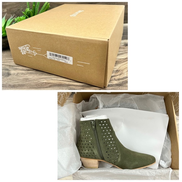 NIB Soludos Lola Perforated Pointed Toe Heeled Ankle Bootie Boots Olive Suede 8M - Picture 10 of 14